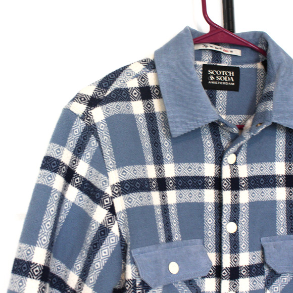 Scotch & Soda Blue White Aztec Check Sherpa Lined Corduroy Jacket Small Shacket - Picture 3 of 8